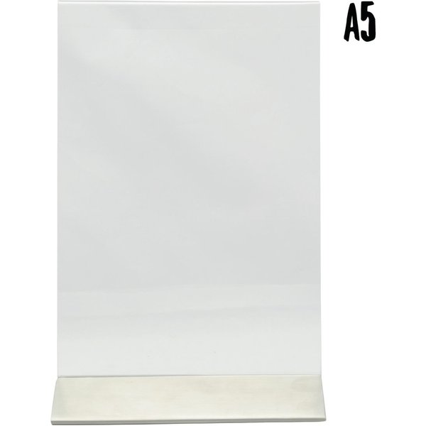 Porte‑affiche de table transparent A5 - vertical - acrylique - socle en inox Securit; 7x15x23 cm (LxlxH); argenté