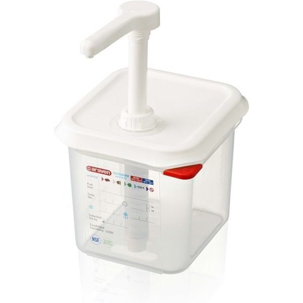 Distributore di salse/pompa gastronorm 1/6, capacità 2,6 litri Araven; GN 1/6, 2.6 l, 17.6x16.2 cm (LxP); bianco