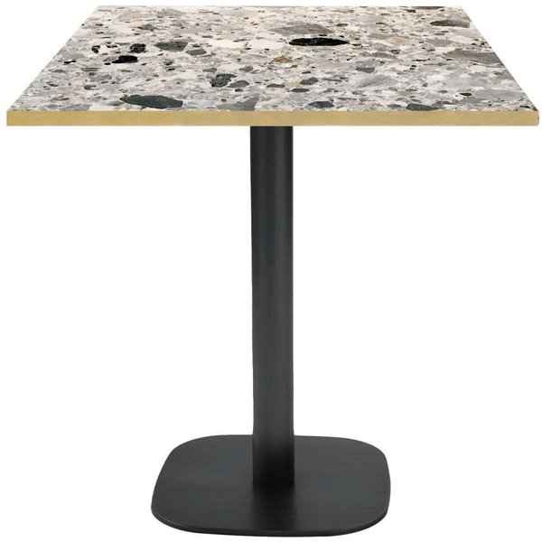 Table Round carrée - chant couleur laiton RestooTab; 70x70x75 cm (LxlxH); Plateau gris taupe/terrazzo/laiton, Structure noir; carré(e)