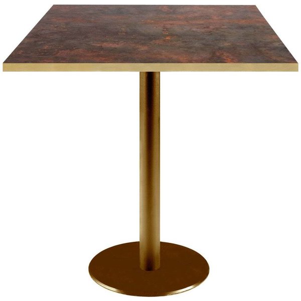 Table Rome carrée pied doré - chant couleur laiton RestooTab; 70x70x75 cm (LxlxH); Plateau métal effet rouillé, Structure laiton; carré(e)