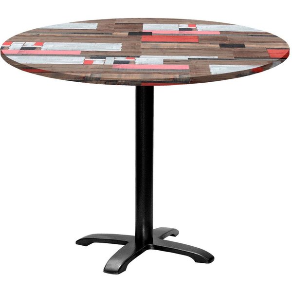 Table Bazila ronde - décor bois RestooTab; 74x110 cm (HxØ); Plateau multicolore, Structure noir; rond(e)