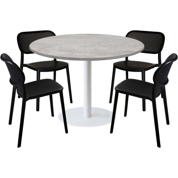 Set tavolo Rome XL rotondo base bianco con 4 sedie - laminato pietra RestooTab; 120x120x75x120 cm (LxLxHxØ); grigio/cemento; struttura nero; rotonda