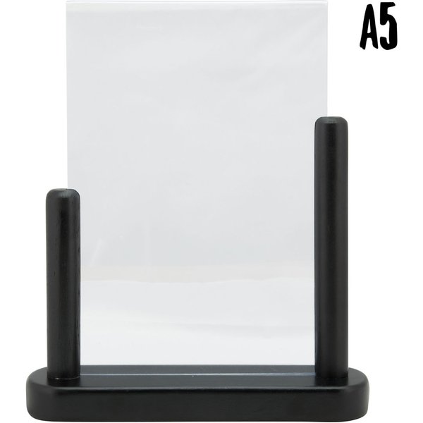 Porte‑affiche de table transparent A5 - vertical - acrylique - Socle bois finition hêtre laqué noir Securit; 6x20x23.5 cm (LxlxH); noir