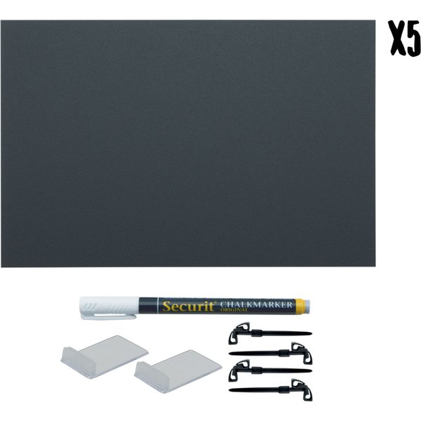 Set di 5 Lavagnette da Tavolo Tags A4 - Nero - Pennarello gesso bianco e accessori inclusi Securit; 21x29.5 cm (LxH); nero