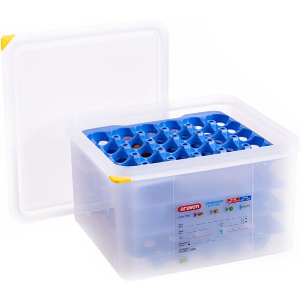 Contenitore porta uova gastronorm 2/3 Araven; Misura GN 2/3, 25 l, 32.5x35.4x32.5 cm (LxLxP); trasparente/blu