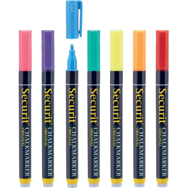 Set di 7 pennarelli a gesso liquido - Giallo, Rosa, Arancione, Viola, Verde, Blu, Rosso - Punta tonda 1-2mm Securit; 1.5 cm (L), lunghezza carattere 15 mm; multicolore