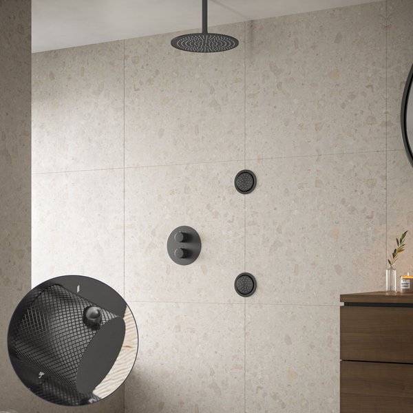 Saniclear Iron Curved inbouw regendouche 20cm met ronde massagejets en plafondarm verouderd ijzer - gunmetal