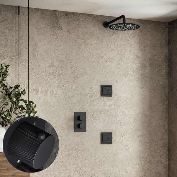 Saniclear Nero Curved inbouw regendouche 30cm met vierkante massagejets en muurarm zwart mat