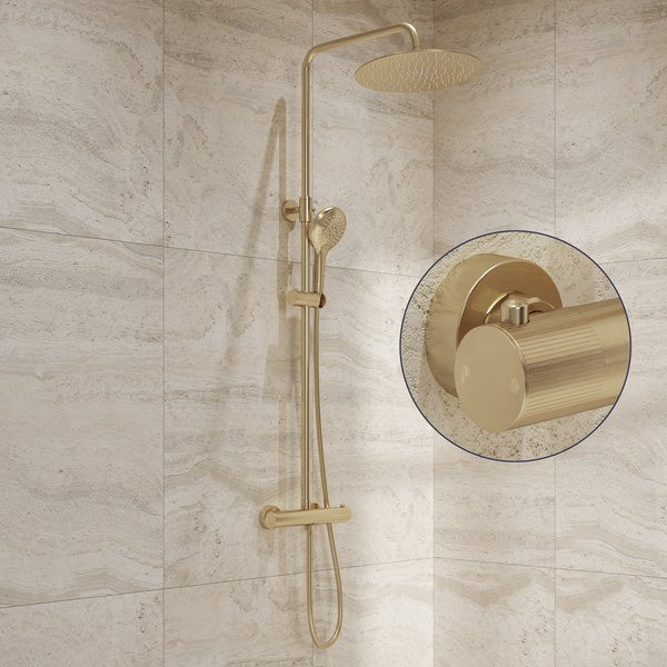 Saniclear Evolution Stripes opbouw regendouche geborsteld messing / mat goud met 30cm hoofddouche en 2 standen handdouche