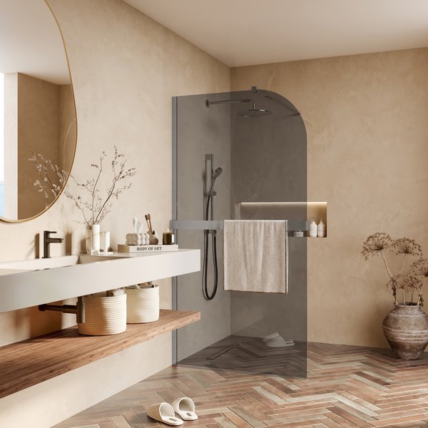 Saniclear Moon afgeronde inloopdouche 80cm chroom met rookglas en handdoekhouder