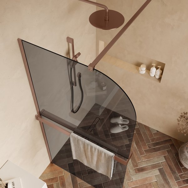 Saniclear Moon afgeronde inloopdouche 90cm geborsteld koper met rookglas en handdoekhouder