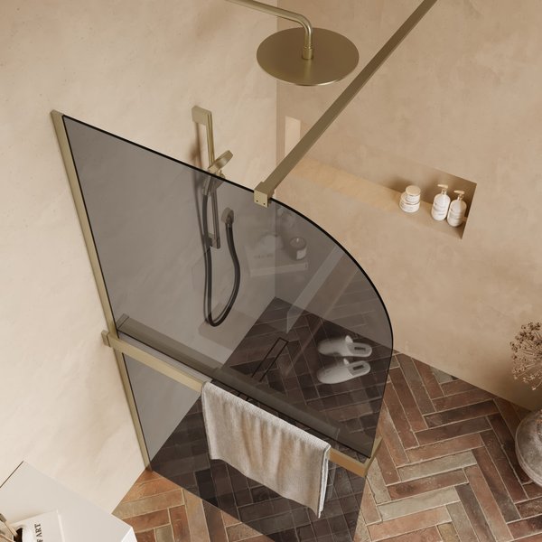 Saniclear Moon afgeronde inloopdouche 100cm geborsteld messing met rookglas en handdoekhouder