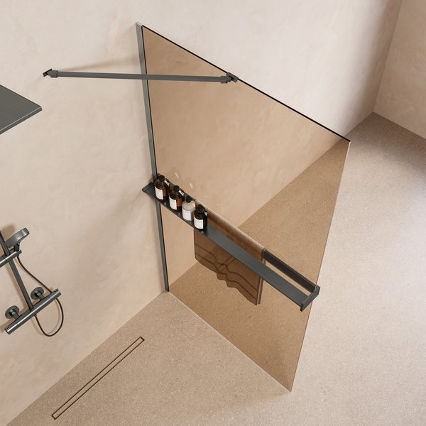 Saniclear Oblique inloopdouche 90cm met handdoekhouder en bronsglas verouderd ijzer - gunmetal