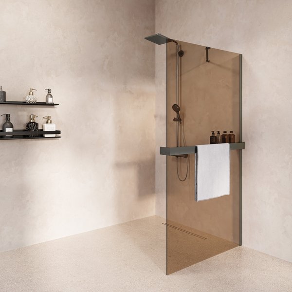 Saniclear Oblique inloopdouche 120cm met handdoekhouder en bronsglas verouderd ijzer - gunmetal