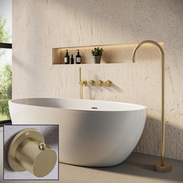 Saniclear Plus Curved inbouw badkraan met vrijstaande uitloop en staafhanddouche geborsteld messing - mat goud