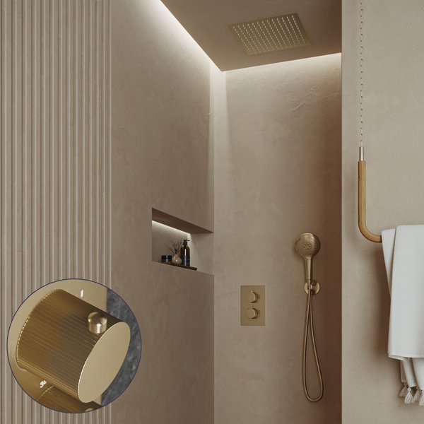 Saniclear Cube Stripes inbouw regendouche met inbouw douchekop 30x30cm en 2 standen handdouche geborsteld messing - mat goud