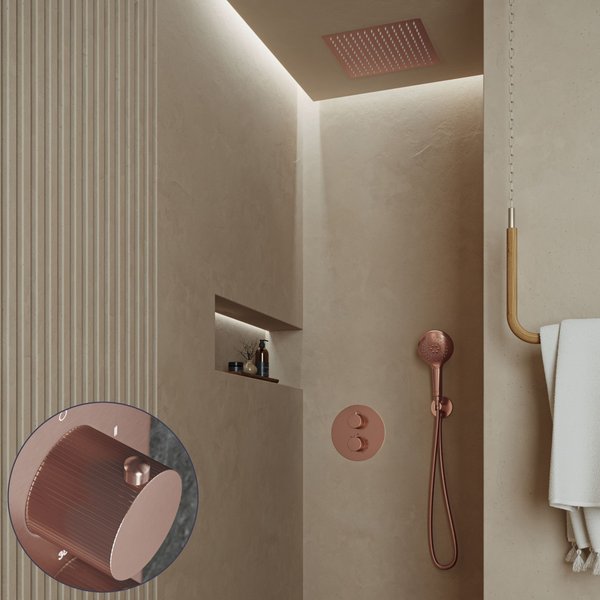 Saniclear Cube Stripes inbouw regendouche rond met inbouw douchekop 30x30cm en 2 standen handdouche geborsteld koper