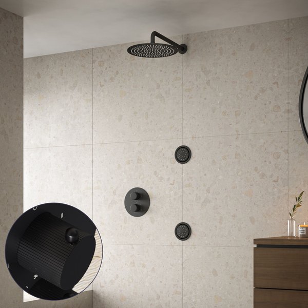 Saniclear Nero Stripes inbouw regendouche 20cm met ronde massagejets en muurarm zwart mat