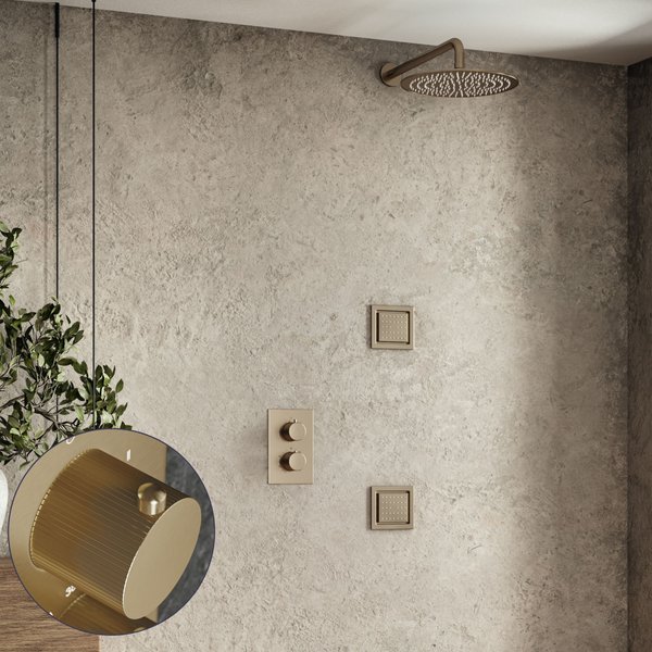 Saniclear Brass Stripes inbouw regendouche 30cm met vierkante massagejets en muurarm geborsteld messing - mat goud