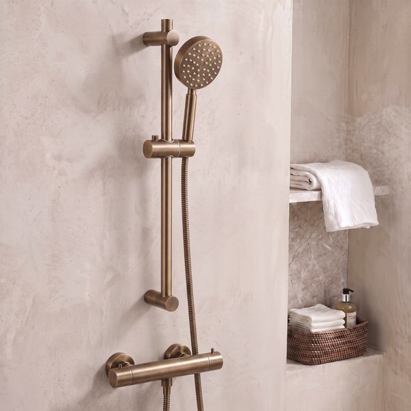 Saniclear Antique doucheset met thermostatische kraan, handdouche en glijstang verouderd messing