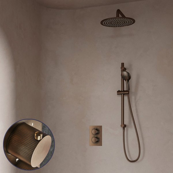 Saniclear Antique Stripes inbouw regendouche met 20cm hoofddouche, muurarm, 2 standen handdouche en glijstang verouderd messing