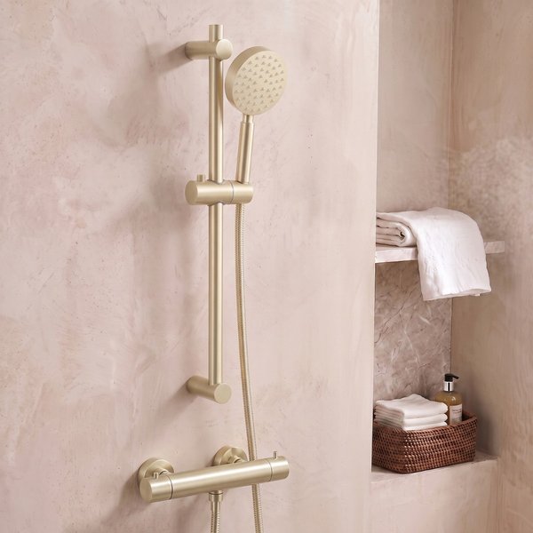 Saniclear Brass doucheset met thermostatische kraan, handdouche en glijstang messing geborsteld - goud mat