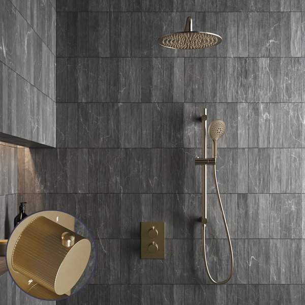 Saniclear Brass Stripes inbouw regendouche met 20cm hoofddouche, muurarm, 2 standen handdouche en glijstang geborsteld messing - mat goud