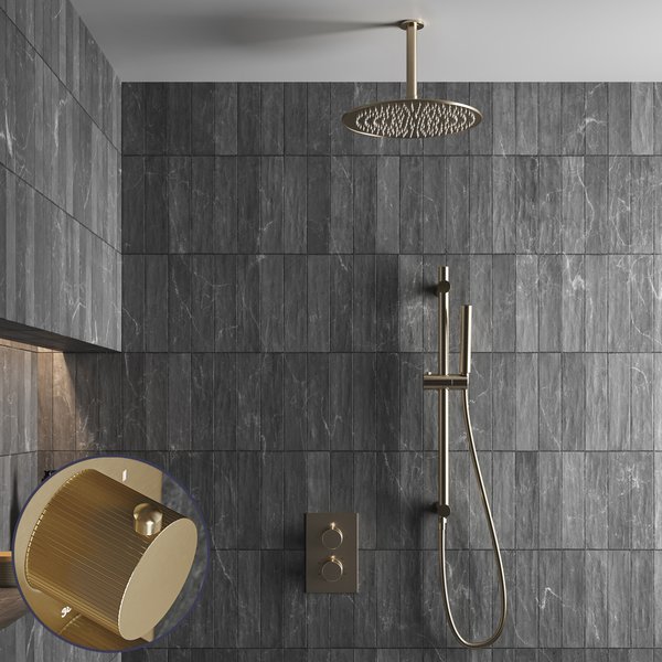 Saniclear Brass Stripes inbouw regendouche met 20cm hoofddouche, plafondarm en glijstang geborsteld messing - mat goud