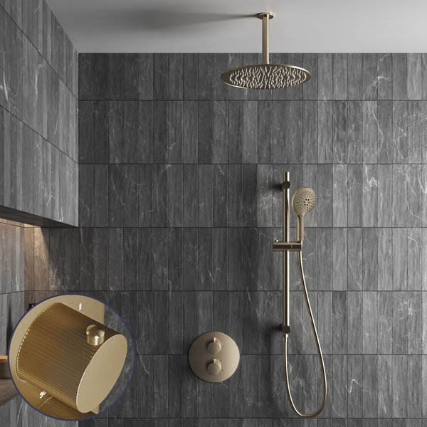 Saniclear Brass Stripes inbouw regendouche rond met 20cm hoofddouche, plafondarm, 2 standen handdouche en glijstang geborsteld messing - mat goud