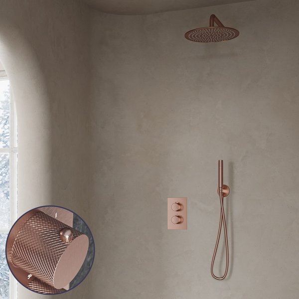 Saniclear Copper Curved inbouw regendouche met 20cm hoofddouche en muurarm geborsteld koper