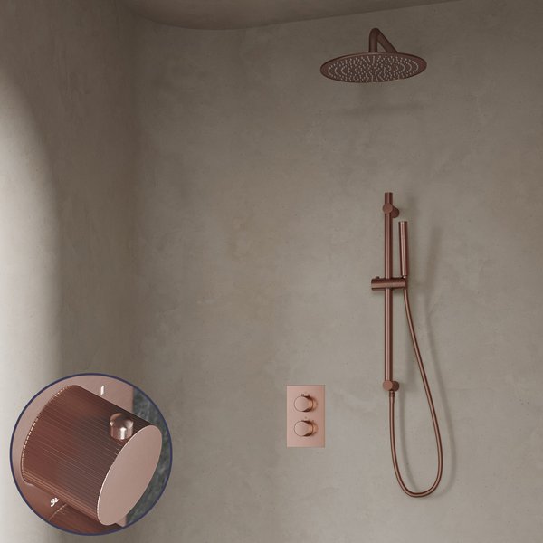 Saniclear Copper Stripes inbouw regendouche met 30cm hoofddouche, muurarm en glijstang geborsteld koper