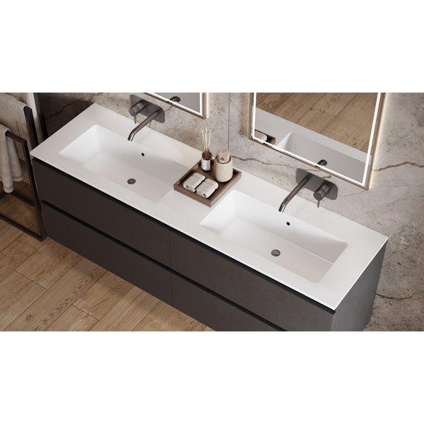 Saniclear Cosmos fine stone wastafel dubbel 160x46cm zonder kraangaten mat wit