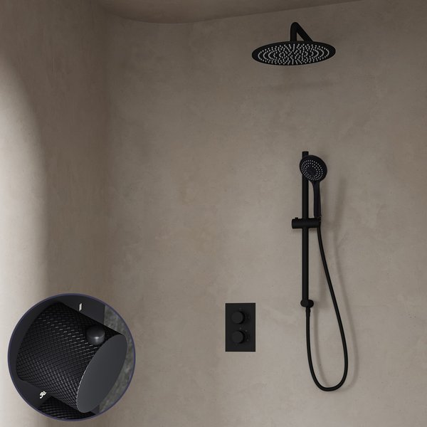 Saniclear Nero Curved inbouw regendouche met 20cm hoofddouche, muurarm, 3 standen handdouche en glijstang zwart mat