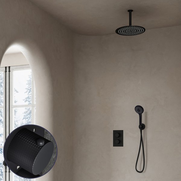 Saniclear Nero Curved inbouw regendouche met 30cm hoofddouche, plafondarm en 3 standen handdouche zwart mat