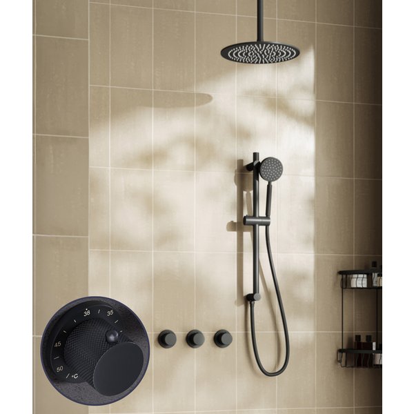 Saniclear Plus Curved inbouw regendouche met 30cm hoofddouche, plafondarm en glijstang zwart mat