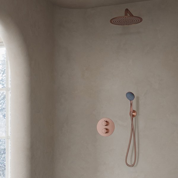 Saniclear Copper inbouwregendouche 30cm rond met wandarm en 3 standen handdouche geborsteld koper