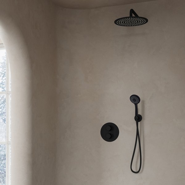 Saniclear Nero inbouwregendouche 30cm rond met wandarm en 3 standen handdouche zwart mat