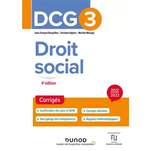Dcg 3 Droit Social - CorrigéS - 2022-2023 (2022-2023) - Jean-FrançOis Bocquillon, Christine Alglave, Martine Mariage-image