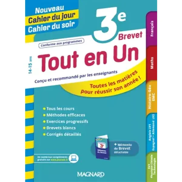 Tout en Un 3e - Leçons, méthodes et exercices - Nouveau Cahier du jour Cahier du soir - Philippe Lehu, Bruno Benitah, Nadine Daboval, Sylvie Borrelly, Hélène Vincent-Schneider, Benoït Schneider, Patrick Rasset, Louise Eisenstein, Caroline Silvestre, Marion Biasutti, Christine Mulliez-Hoppenot, Evely