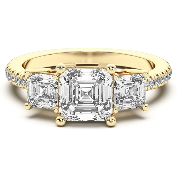 Anillo de Compromiso de Tres Piedras Acentuado Asscher 1.50 ct Diamante de Laboratorio Oro Amarillo 750 (18K)