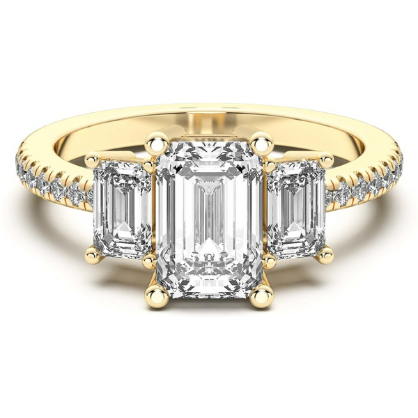 Anillo de Compromiso de Tres Piedras Acentuado Esmeralda 2.00 ct Diamante de Laboratorio Oro Amarillo 750 (18K)