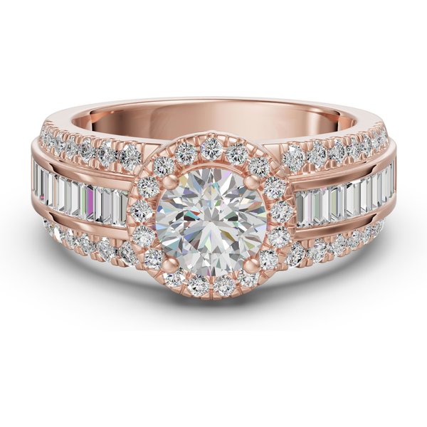 Anillo de Compromiso Halo de Corte Redondo Acentuado con Baguettes 2.50 ct Diamante Natural Oro Rosa 585 (14K)