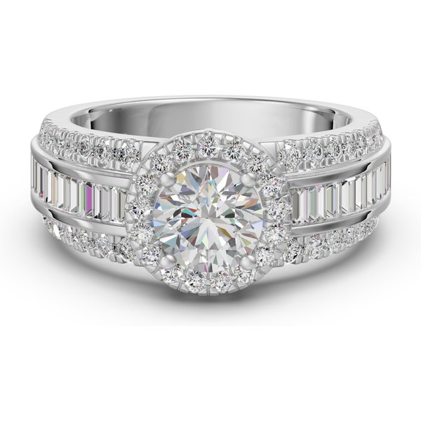 Anillo de Compromiso Halo de Corte Redondo Acentuado con Baguettes 1.50 ct Diamante de Laboratorio Oro Blanco 585 (14K)