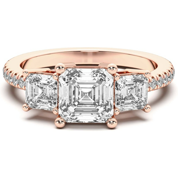 Anillo de Compromiso de Tres Piedras Acentuado Asscher 2.00 ct Diamante de Laboratorio Oro Rosa 750 (18K)