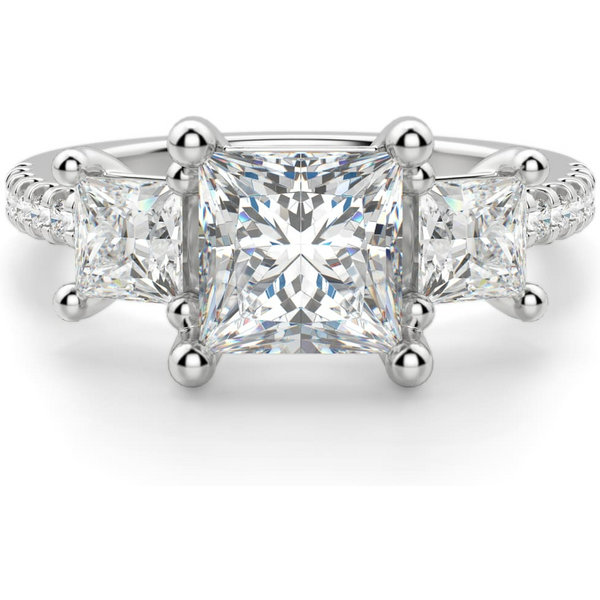 Anillo de Compromiso de Tres Piedras Acentuado Princesa 0.75 ct Diamante de Laboratorio Oro Blanco 585 (14K)