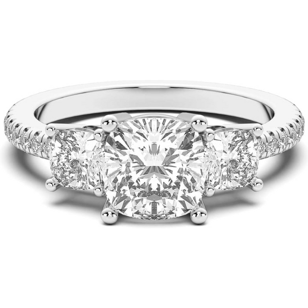 Anillo de Compromiso de Tres Piedras Acentuado Cojín 2.50 ct Diamante Natural Oro Blanco 585 (14K)