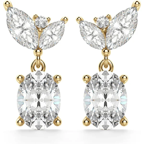 Camellia Owalne Kolczyki Wiszące 14K Żółte Złoto Laboratoryjny Diament