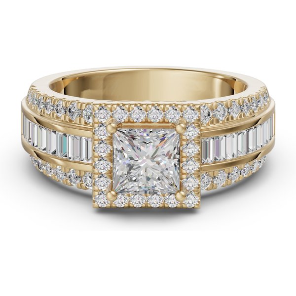 Pierścionek Zaręczynowy z Halo Księżniczka i Bagietkami 2.50 ct Diament Naturalny 585 Żółte Złoto (14K)