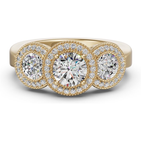 Trójkamieniowy Klasyczny Pierścionek Zaręczynowy z Halo 1.25 ct Diament Naturalny 585 Żółte Złoto (14K)