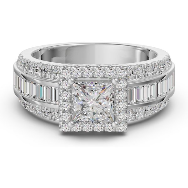Pierścionek Zaręczynowy z Halo Księżniczka i Bagietkami 1.00 ct Diament Laboratoryjny 585 Białe Złoto (14K)